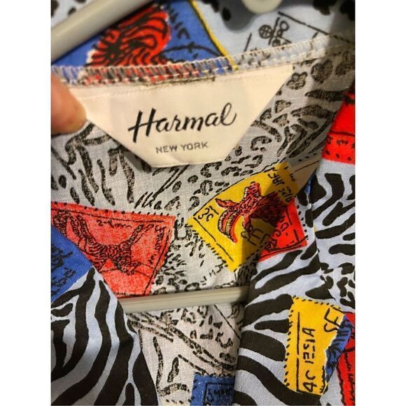 Vintage Blue Animal Print Animal Stamps logo HARMAL NEW YORK medium button down - Picture 3 of 13